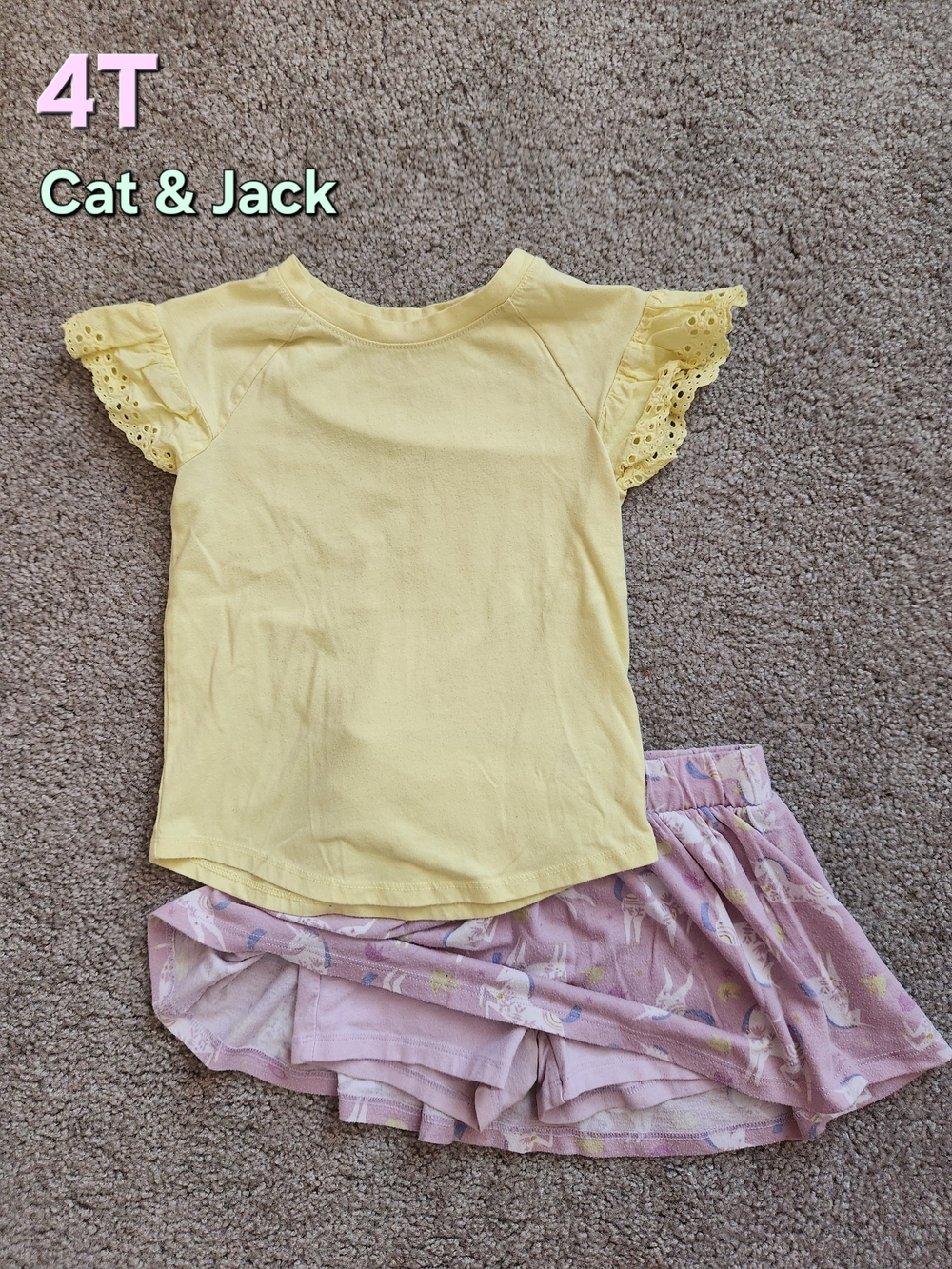 Cat & Jack Girls Yellow Eyelet Flutter Sleeve Tee w/ Lilac Unicorn Skirt Outfit
